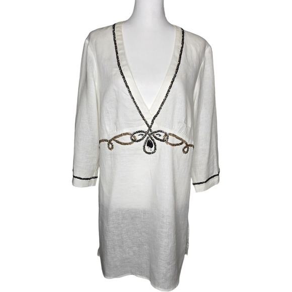Chico’s Sawyer Optic White Sequin Swimsuit Coverup Linen Tunic Size 2/Large - Picture 1 of 14
